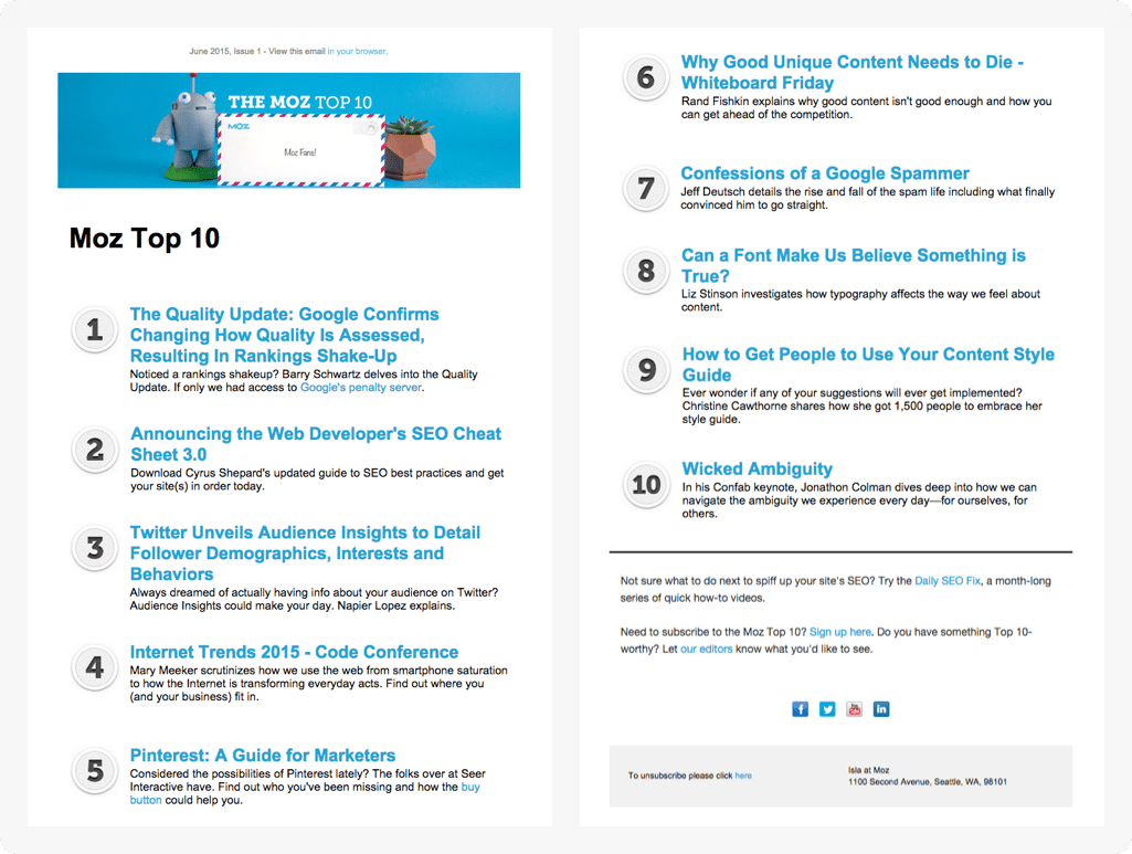 Newsletter example from Moz.