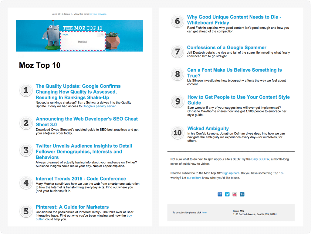 Example of Moz Newsletter.