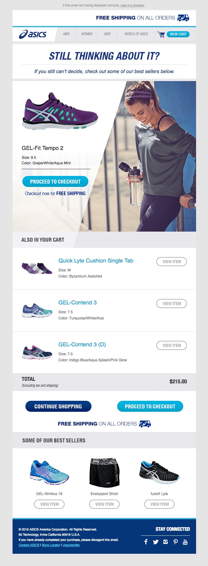 By receiving this email, Asics reminds the customer about finishing the purchase and pushes them a step closer to a final sale.