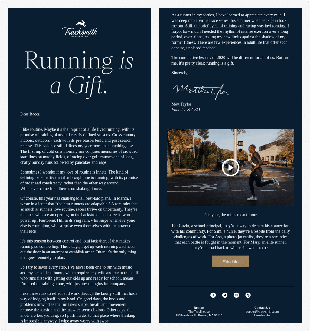 Newsletter example from Tracksmith.