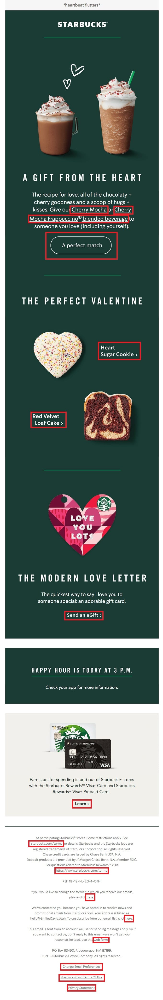 In this example from Starbucks, you can see each opportunity for a reader to engage with this email highlighted in red: