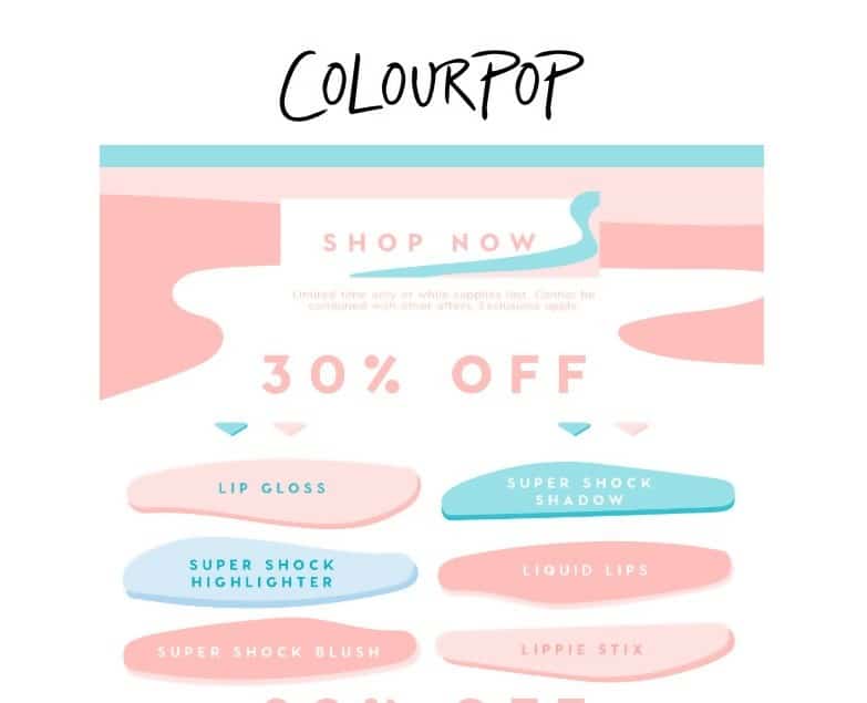 This is a promo email from Colourpop displaying several options to click. Consider using this style in your first promo email.