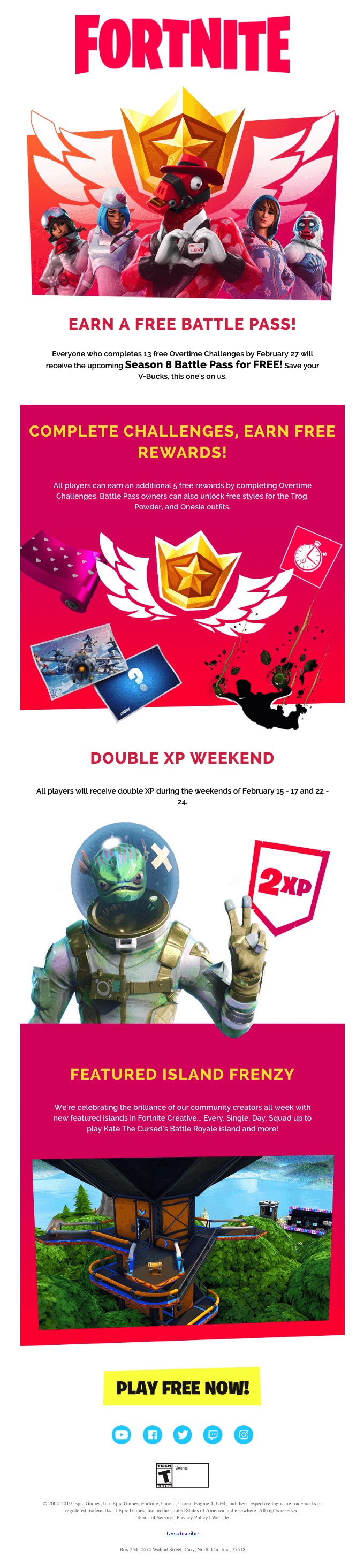 This email from Fortnite offers incentives to keep users engaged.