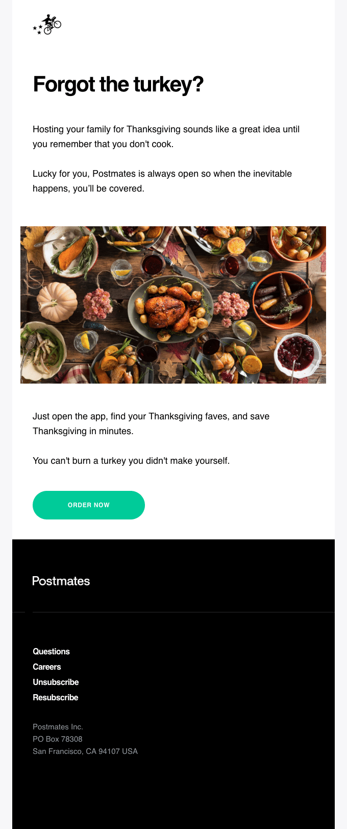Thanksgiving email from Postmates encouraging customers to order Thanksgiving dinner to be delivered