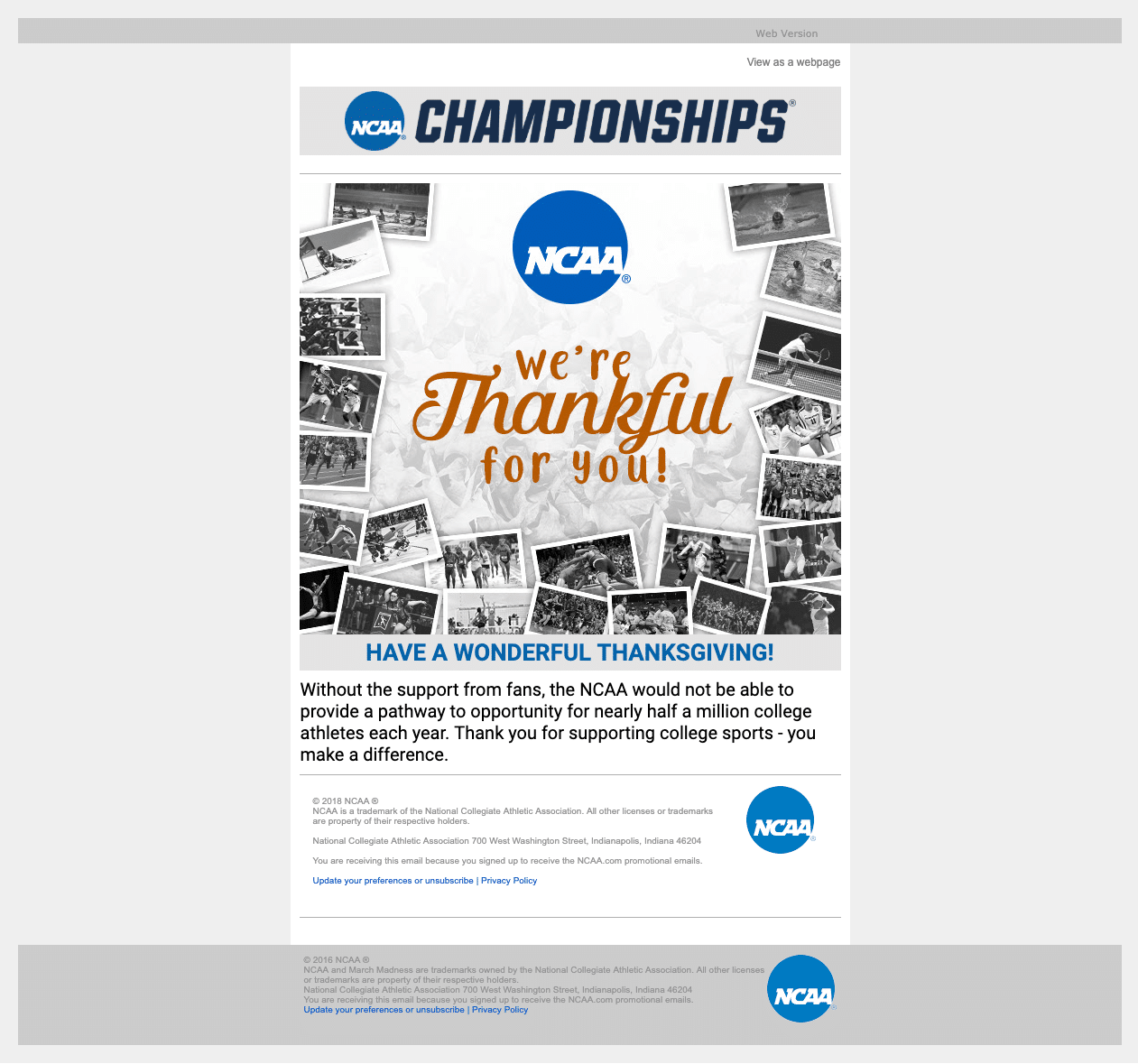 Thanksgiving email from NCAA thanking contacts for supporting student athletes over the past year