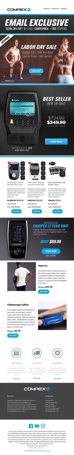 This Labor Day/end of summer email from Compex encourages subscribers to make a purchase.