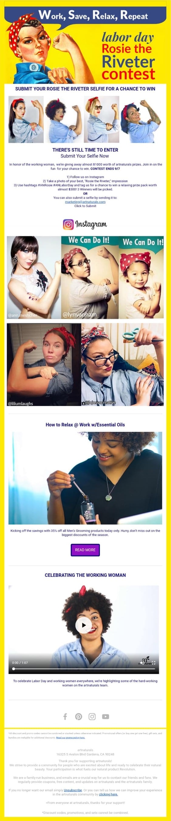 Instead of this being a purely promotional piece, Art Naturals decided to use this holiday to send a helpful newsletter that focuses on relaxation and celebrating working women.  