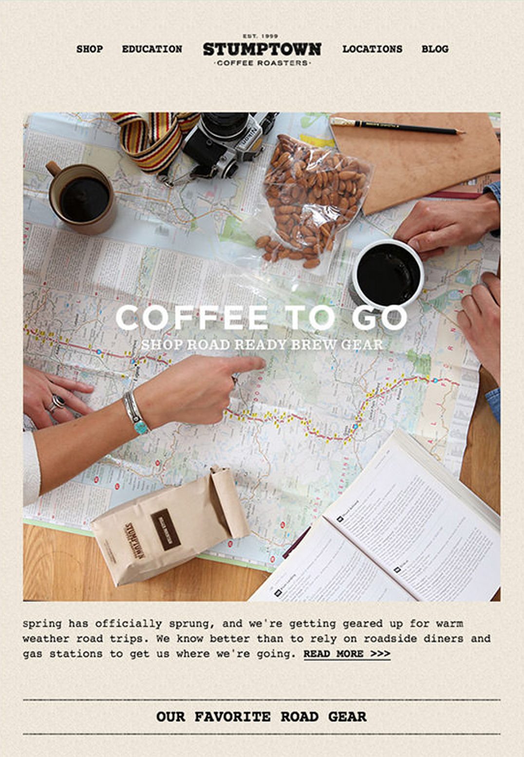 This example from Stumptown Coffee is great because their feature image goes hand in hand with their title header “Coffee to Go.” Without even reading the text, subscribers know this email is about travel and coffee. 
