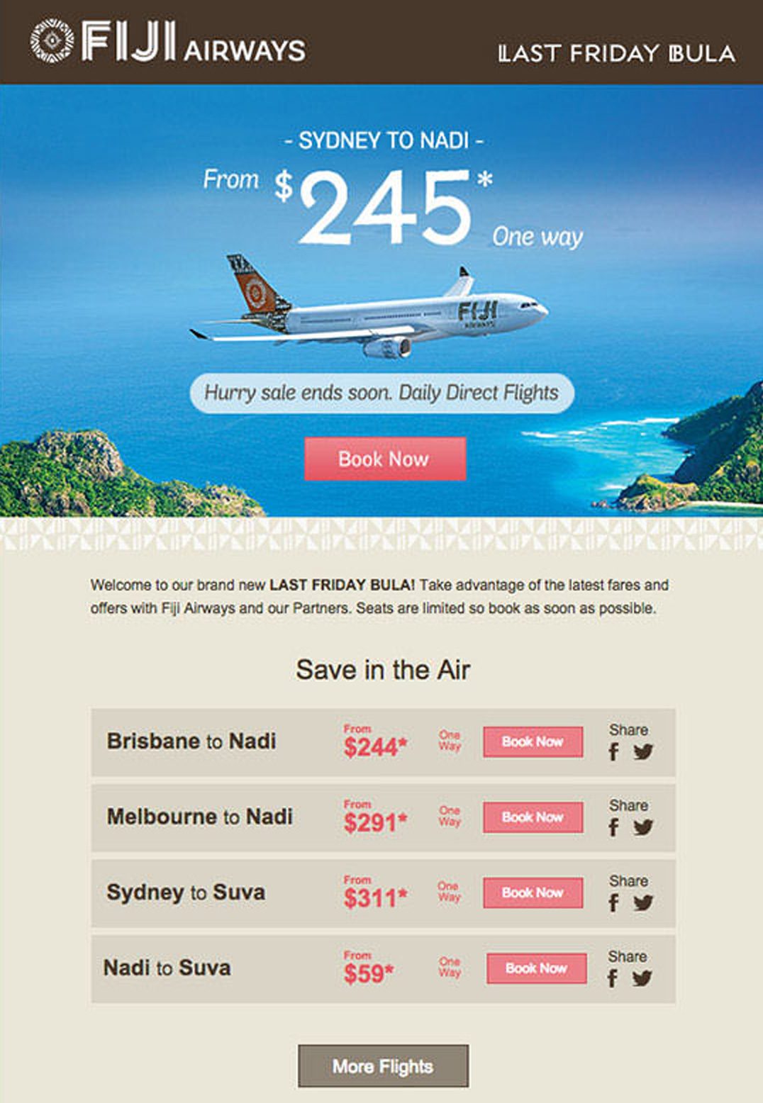 Email from Fiji Airways with flight deals from Nadi to Australia