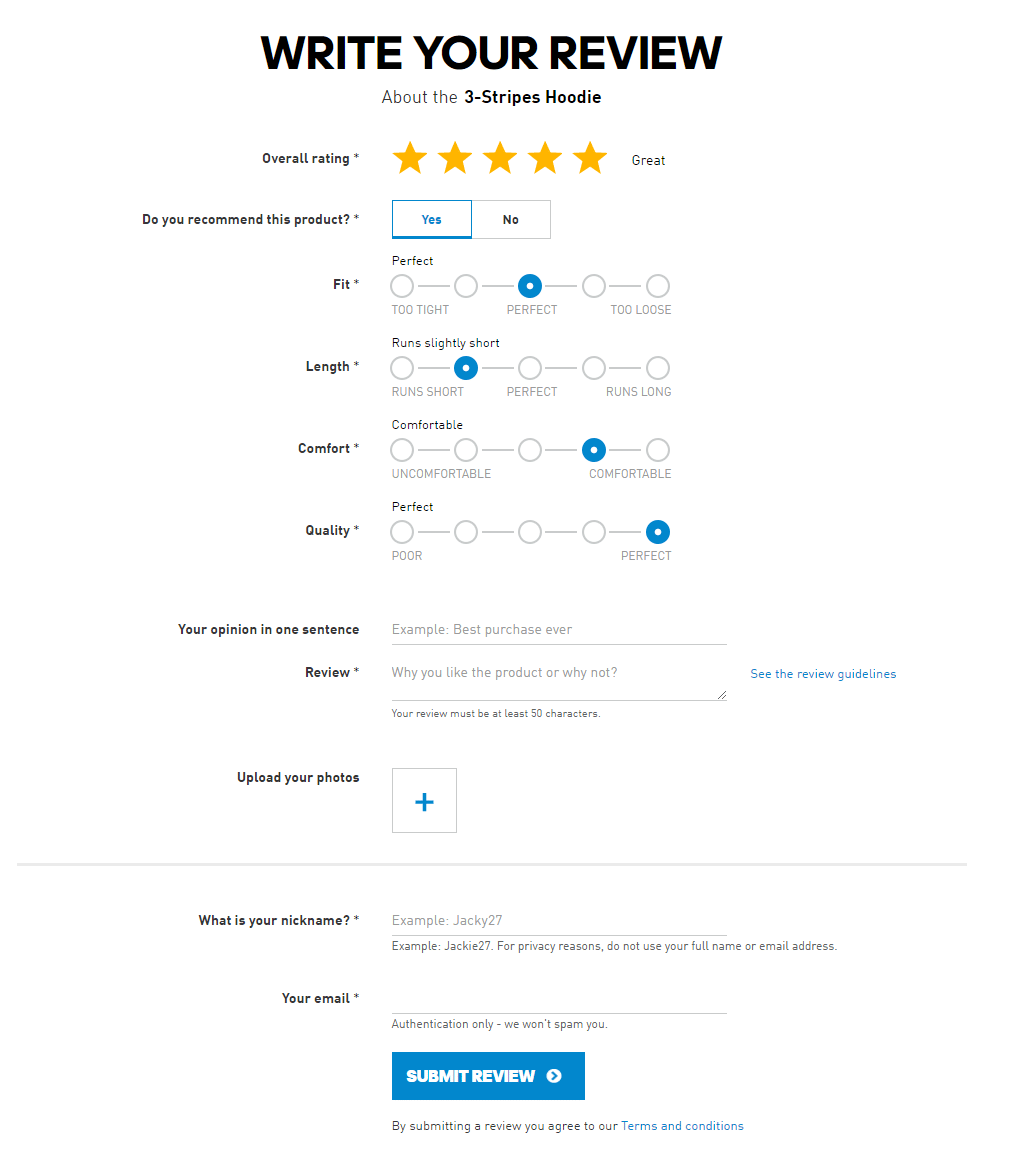 Adidas landing page to encourage customer reviews