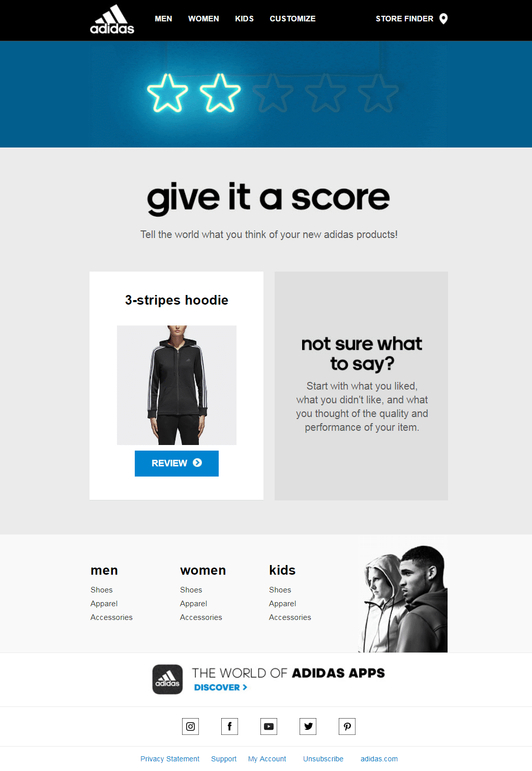 Adidas email personalized campaign to encourage customer reviews.