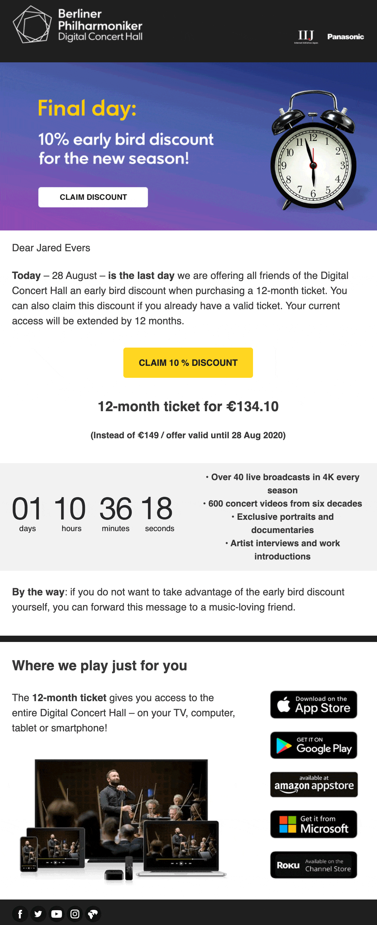 Berliner Philharmoniker uses countdown timer in their email campaign to convert subscribers 