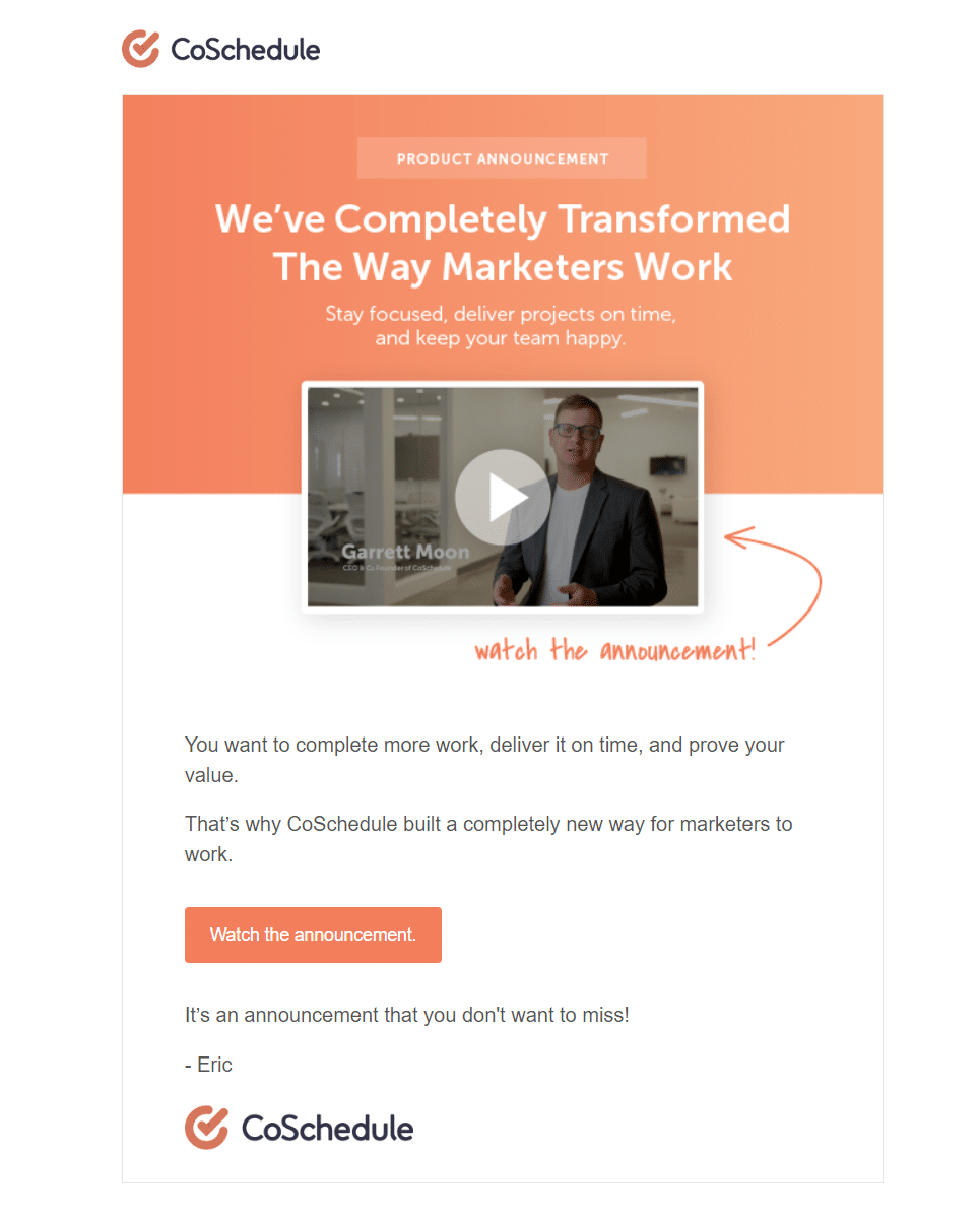 CoSchedule uses video, a high-performing and engaging tactic, to present their big announcement.