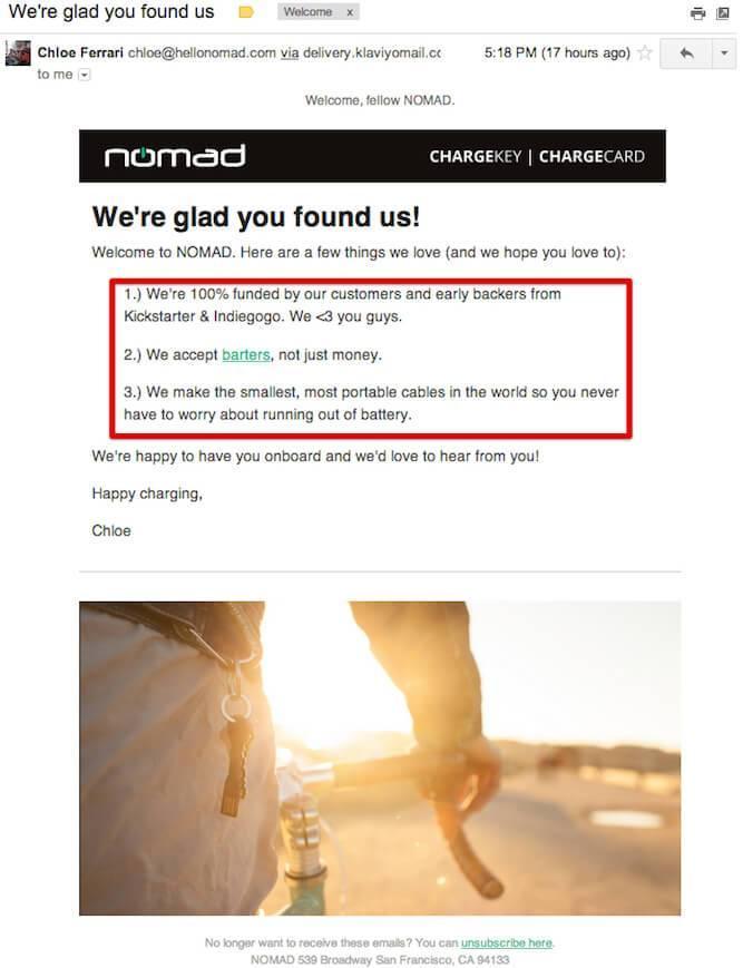 Check out an example of an effective welcome email from Nomad below: