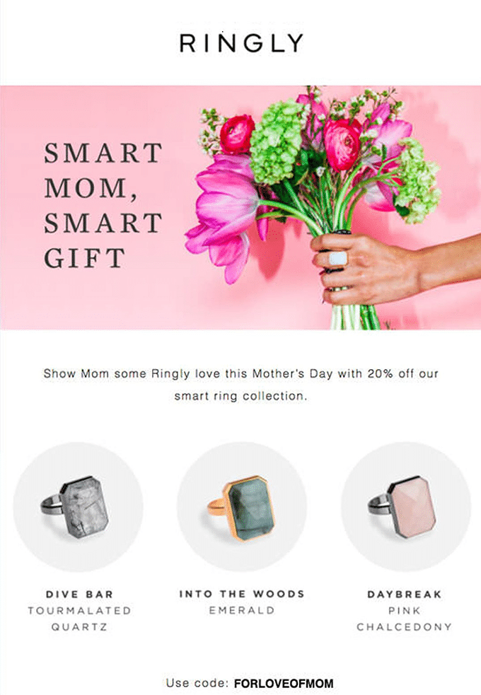 This is a Mother's Day email from Ringly, featuring a bouquet. It is an example in Campaign Monitor's article about segmentation and personalization.