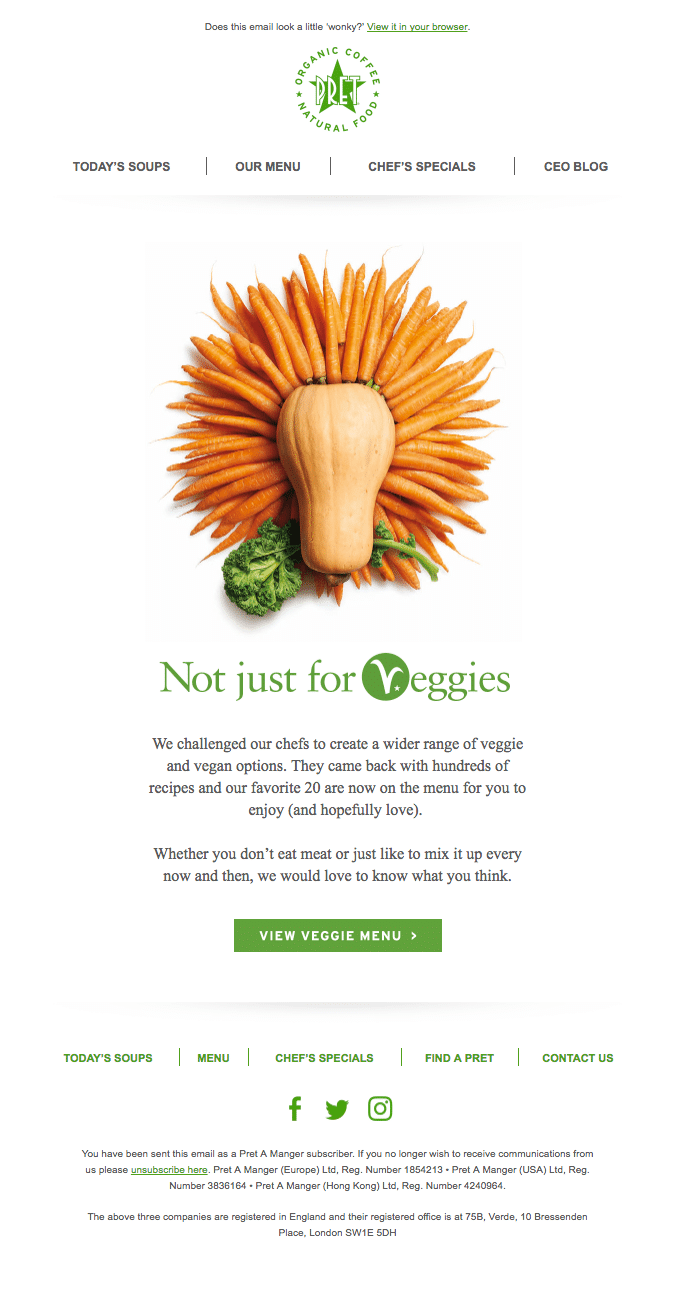 Pret uses a 2-paragraph body and simple CTA in this announcement email 