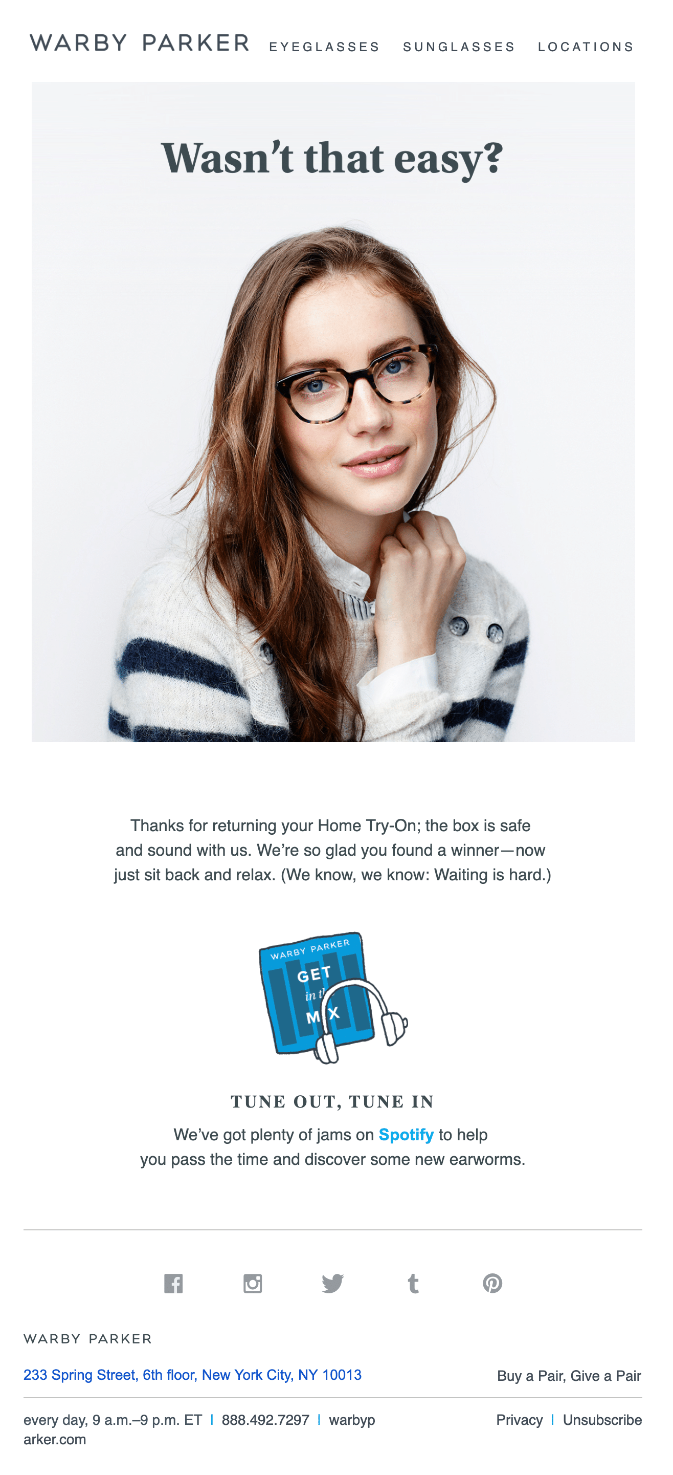 This is another example email from Warby Parker includes serious personalisation.