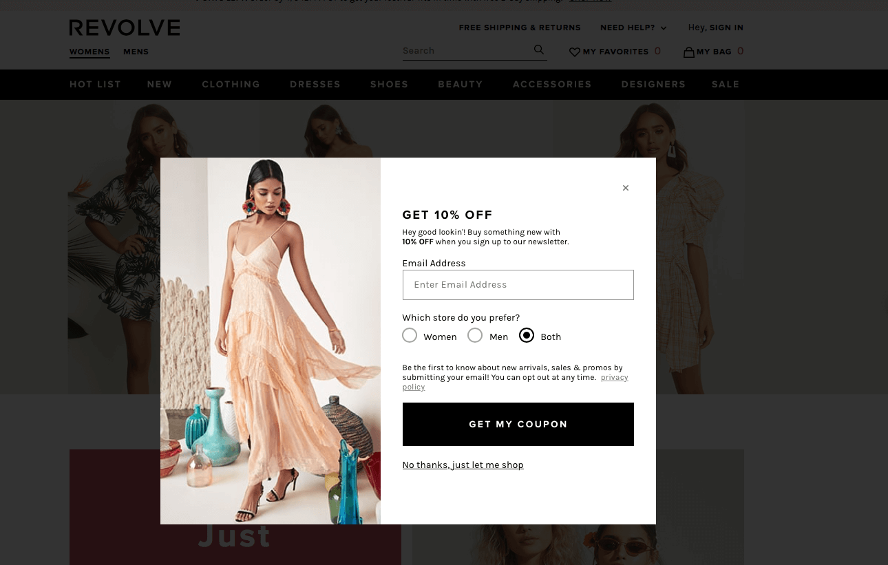 This image from Revolve is an example of an Exit Intent Popup that Converts