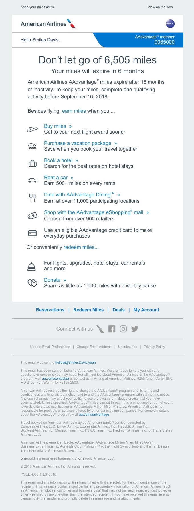 American Airlines Customer Retention Email