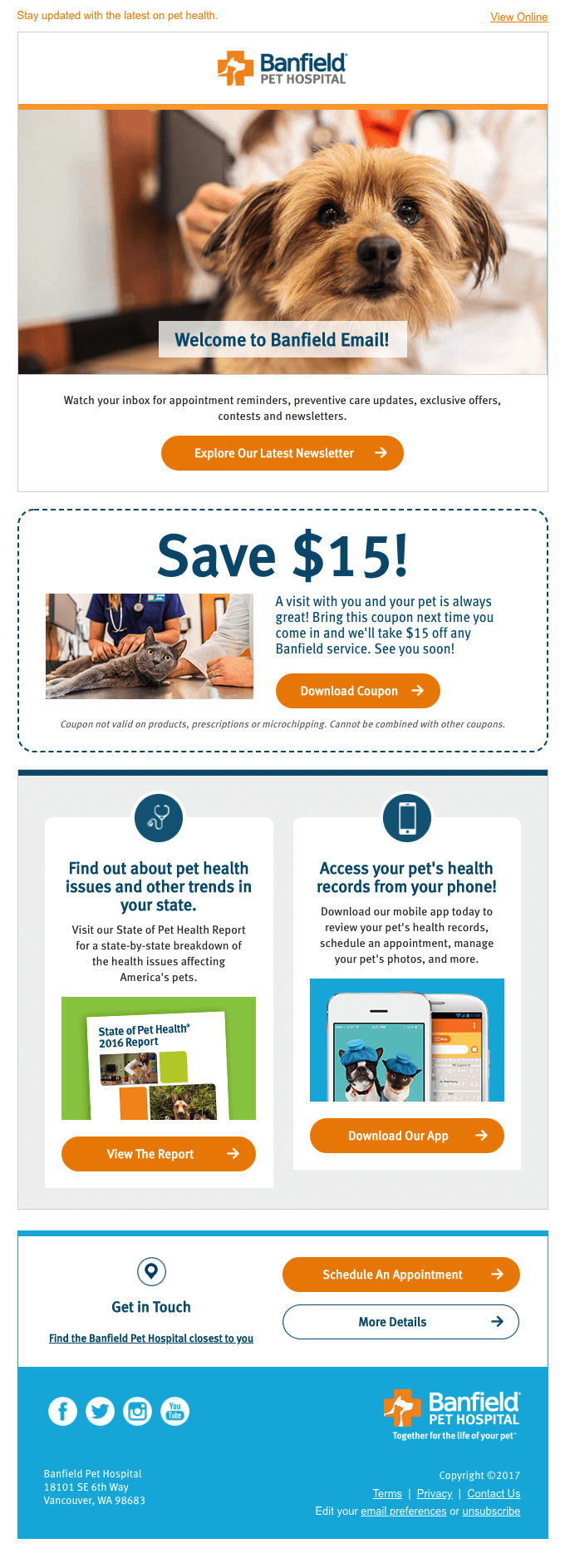 welcome email from banfield pet hospital gives options to explore past newsletters, to use coupons, and to download their app