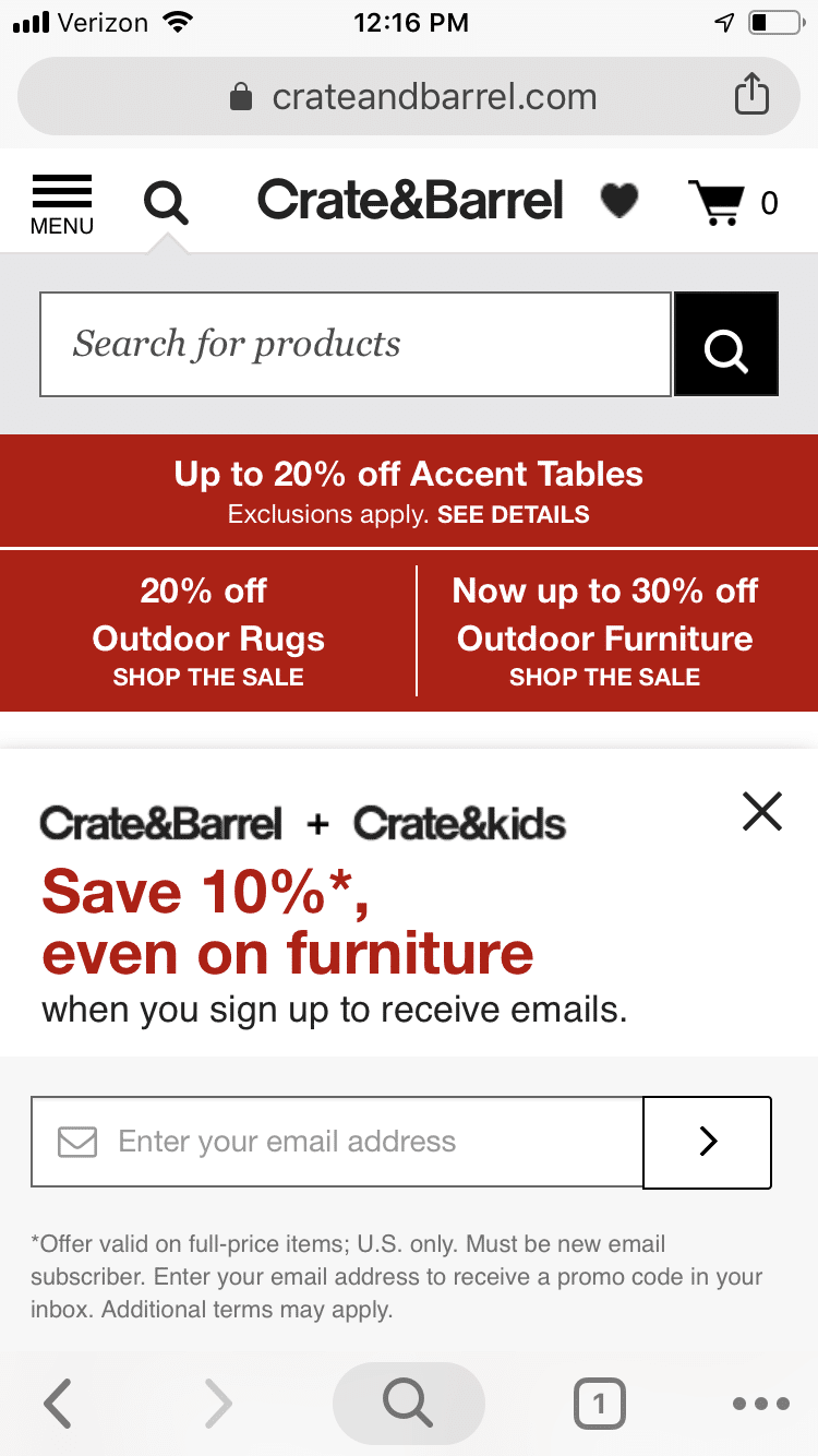 This Crate & Barrel email shows how you can incorporate mobile email list signups.