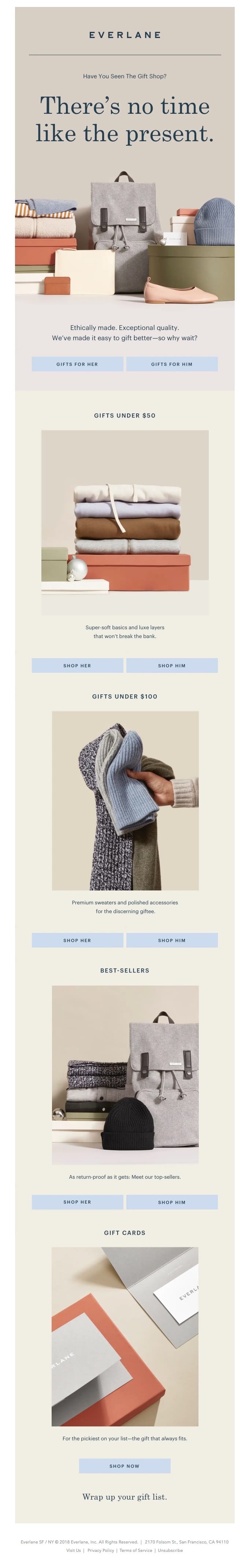 Everlane’s email newsletter offers up options to help shoppers “Knock out that gift list,” and is full of fall favorites curated for both him and her.