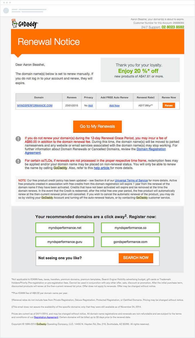 GoDaddy domain renewal notice email