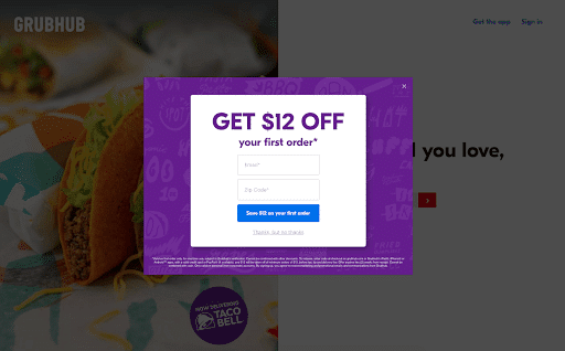 This is an exit intent popup from Grubhub