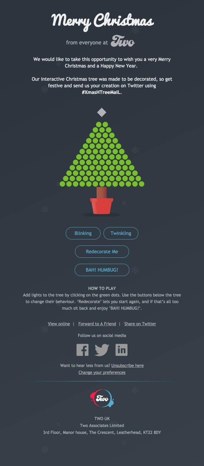  An HTML interactive email that allows users to click on the Christmas tree to decorate it