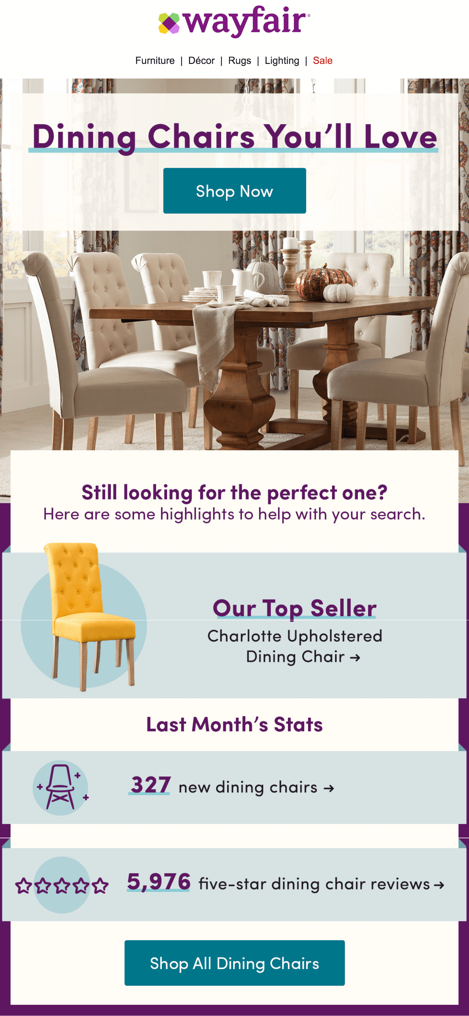 Segment your leads by behavior, as Wayfair does in this dining chairs email.