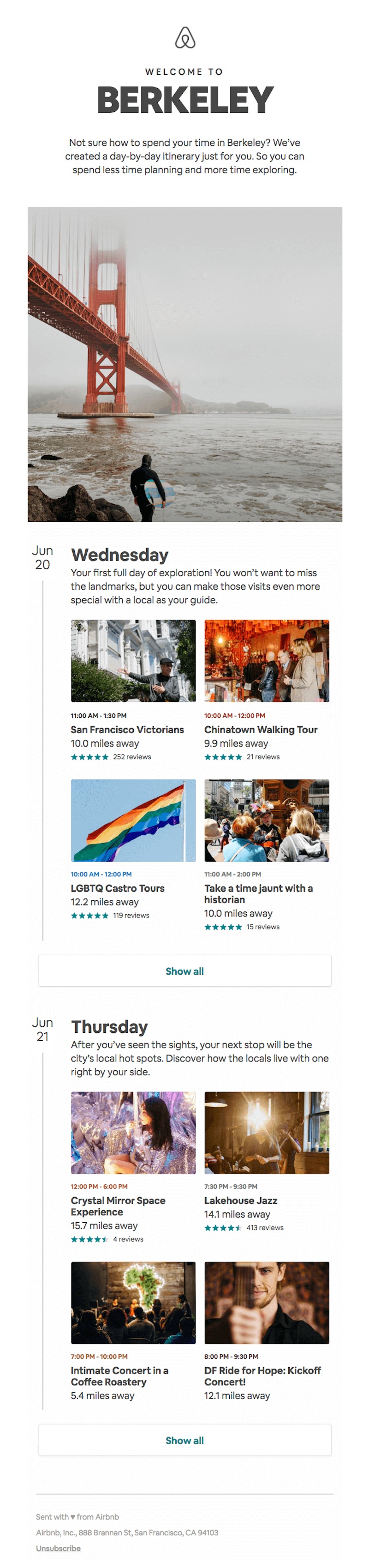  Airbnb email with an itinerary for a trip to Berkeley, California