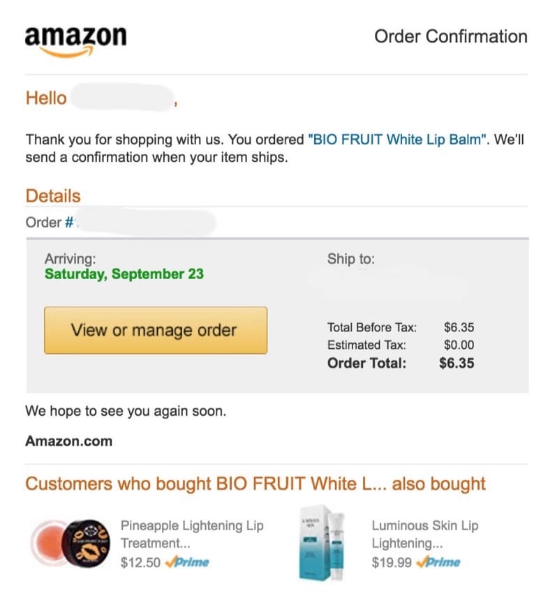 This transactional email from Amazon also includes recommended items, making it a perfect example of email optimization