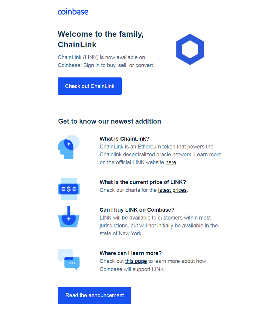 Coinbase Chainlink announcement email lead pages