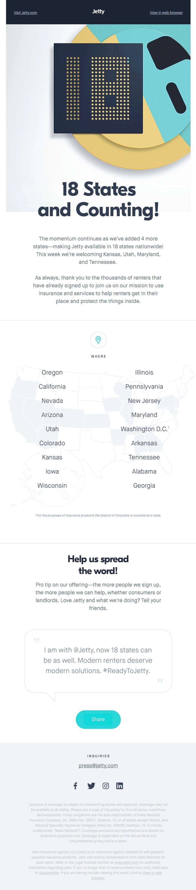 Jetty Home and Renters Insurance is now in 18 states across the United States