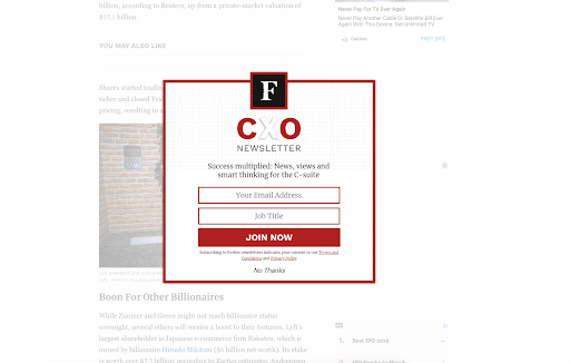 Forbes exit intent popup email signup form