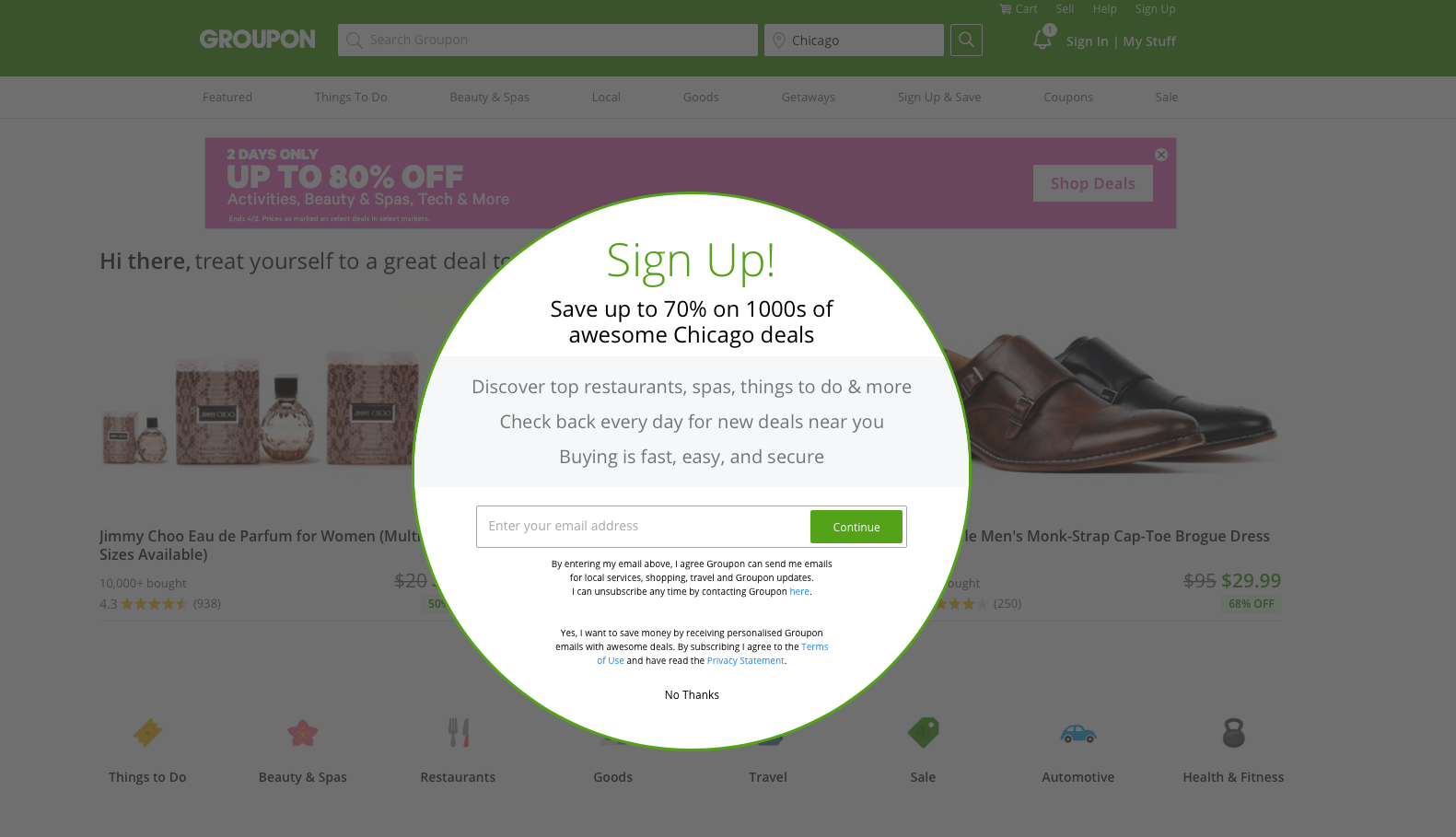 Groupon's exit intent popup example