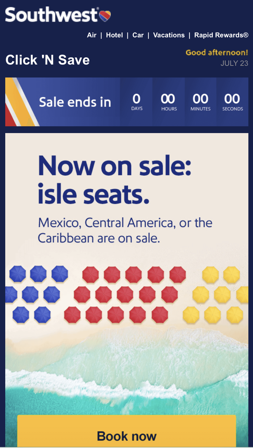 Mobile email from Southwest Airlines