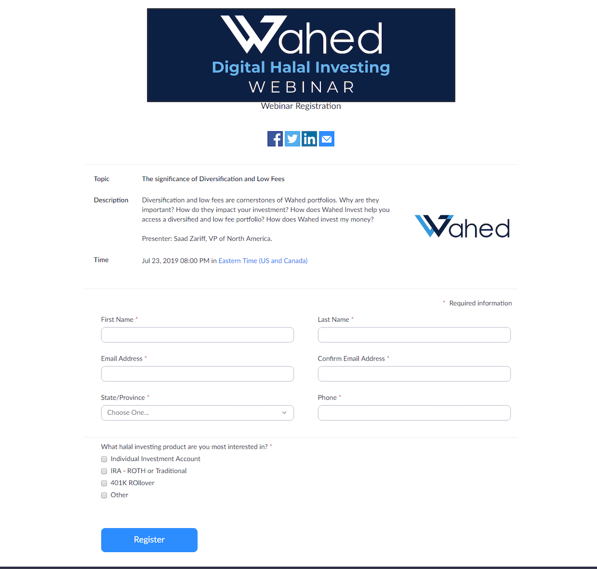Wahed Invest event registration lead pages