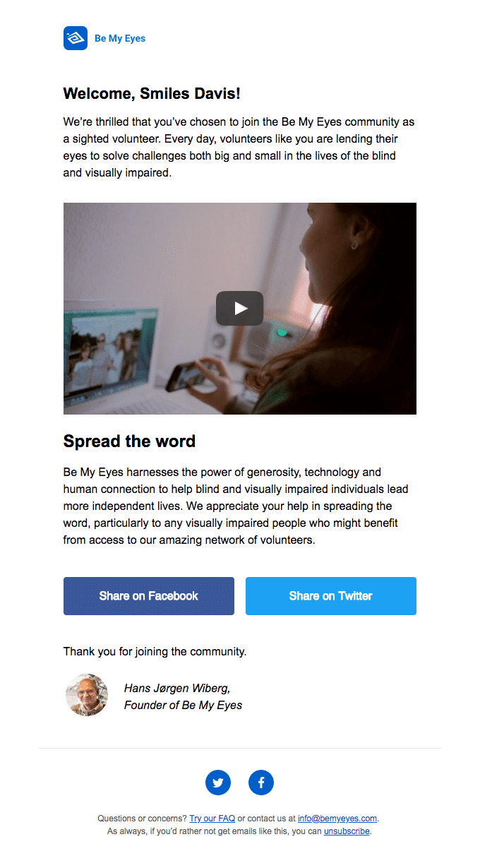 nonprofit email use share buttons example