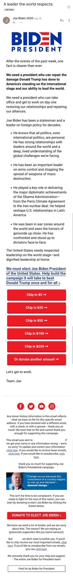 Joe Biden's marketing team sparks emotion with their email subject line, playing to a community that’s preparing for the next presidential election.