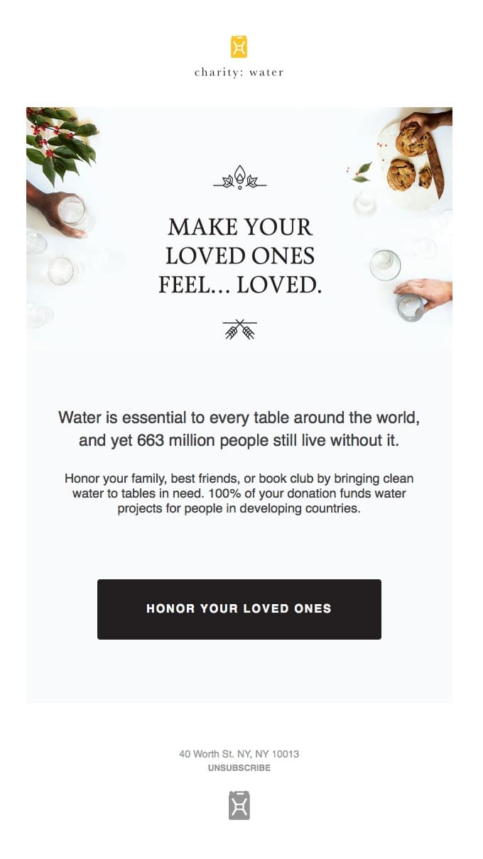 nonprofit email cta example - Charity Water
