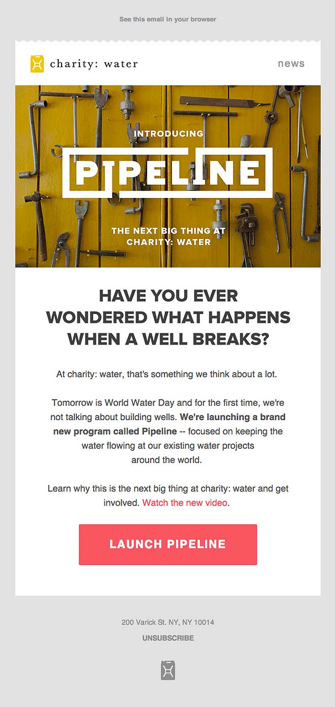 Example of Charity: Water’s subject line, an important element in a nonprofit newsletter overhaul.