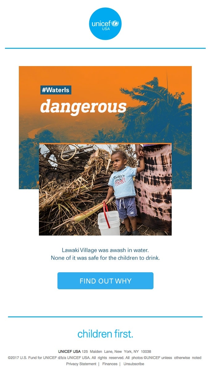 UNICEF USA makes use of powerful imagery to compel readers to learn more and make donations.