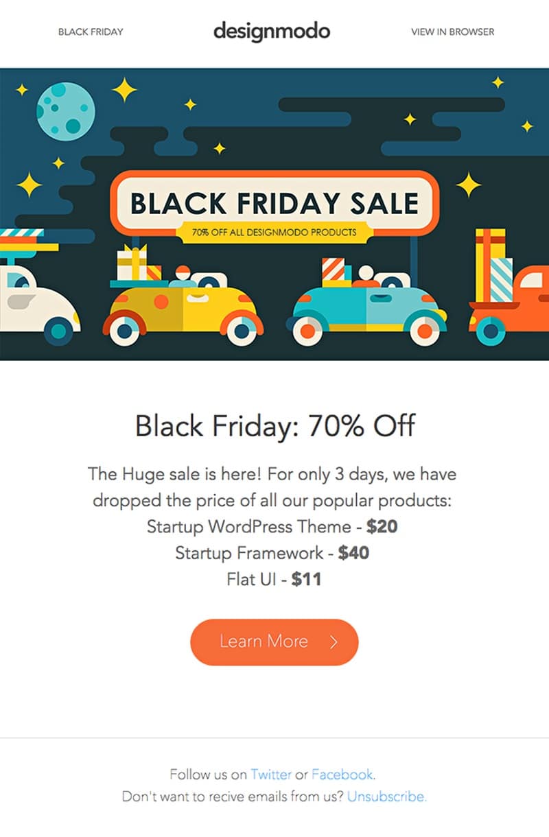 Designmodo email showing an example of a simple, short, and scannable Black Friday message