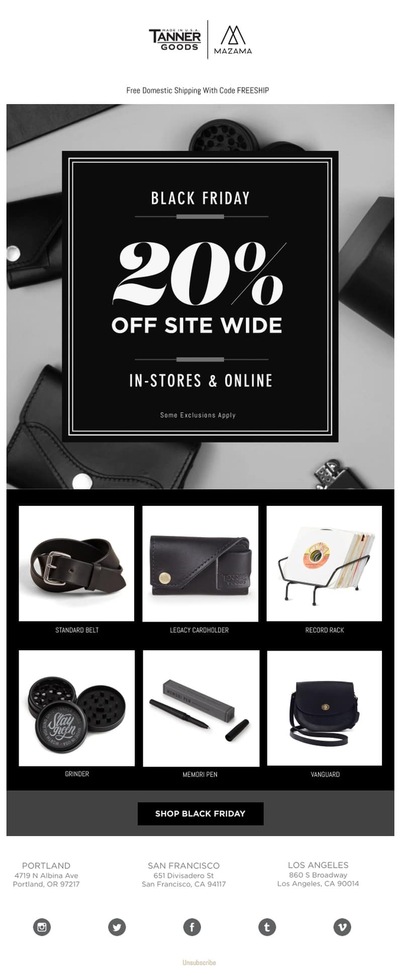 Tanner Goods email showing an example of a Black Friday email with an item gallery