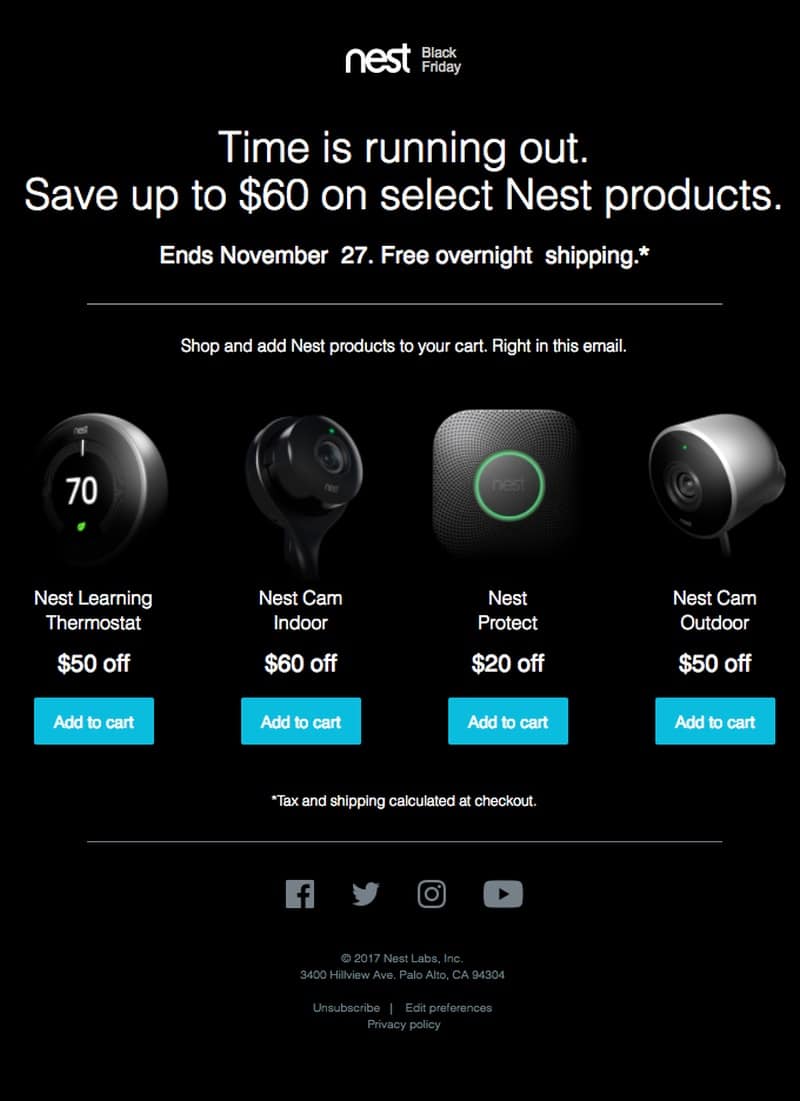  Nest email showing an example of a Black Friday email that creates a sense of urgency