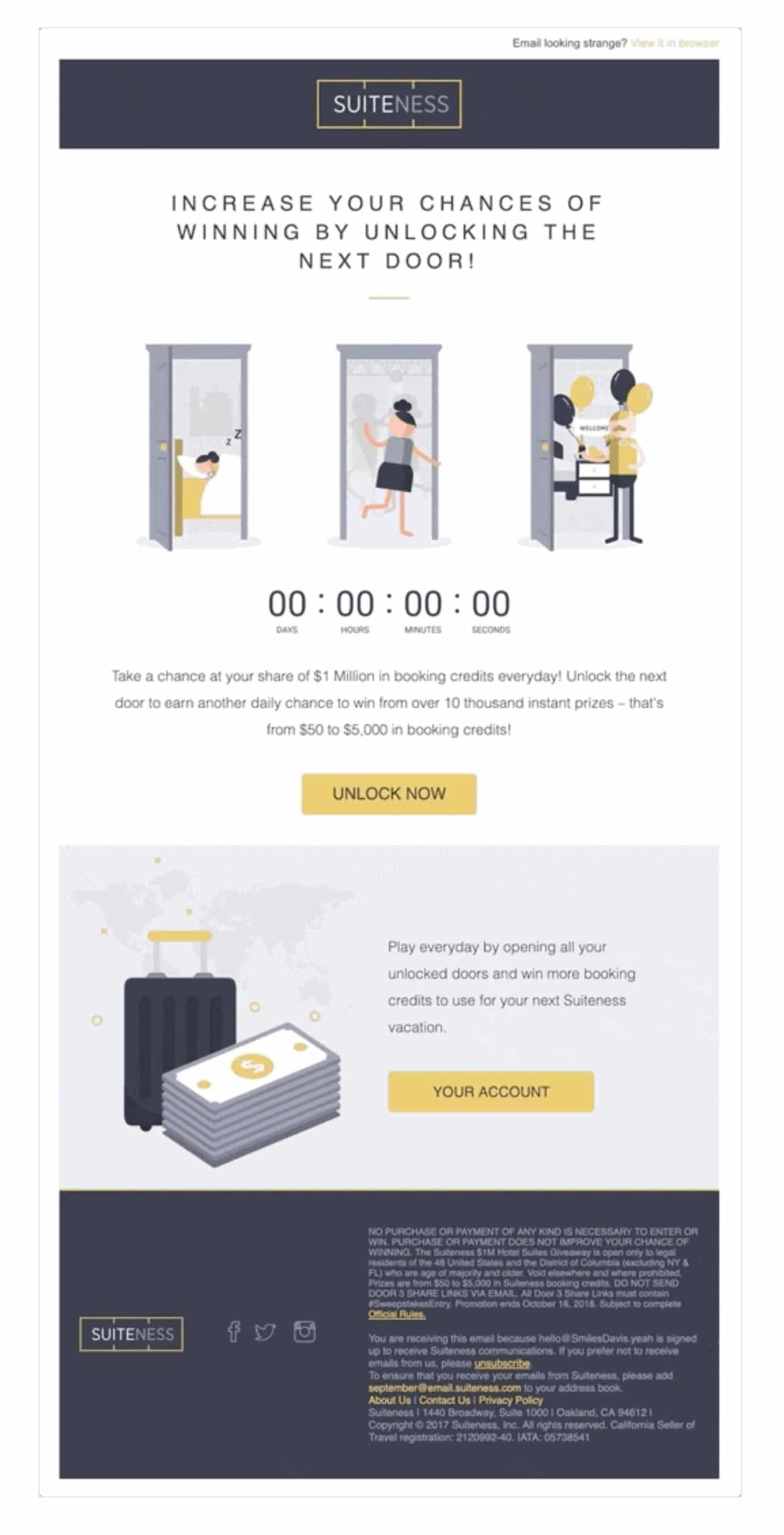 Suiteness’ contest email campaign uses a countdown timer to invite subscribers to join the contest ASAP.