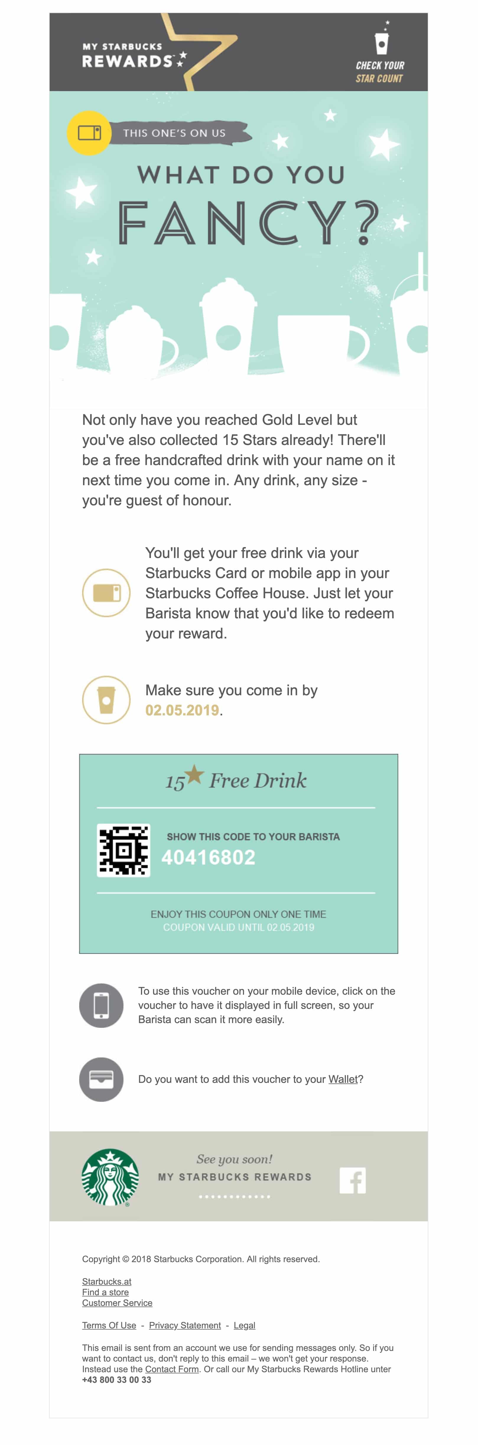  My Starbucks Rewards’ coupon email campaign with a coupon expiration date