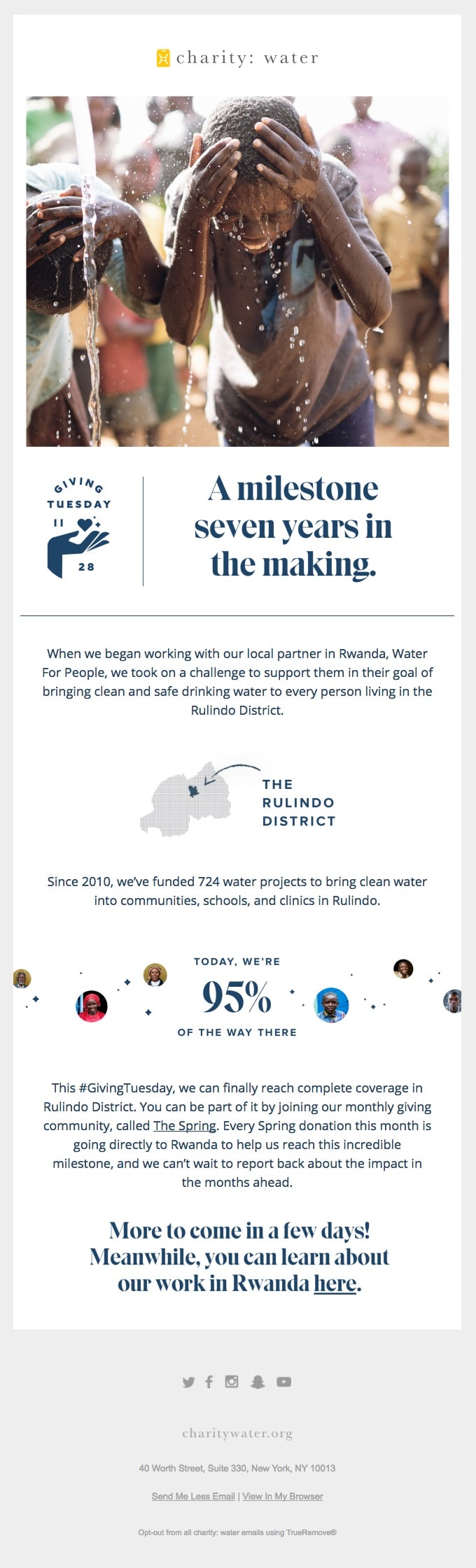 Charity Water email showing an example of a Giving Tuesday announcement message