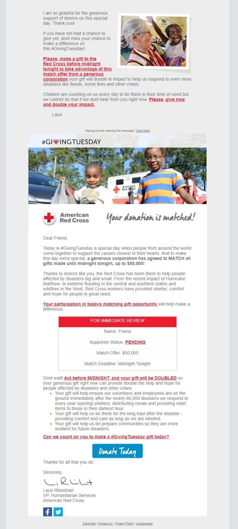 American Red Cross email showing an example of a Giving Tuesday letter from someone important